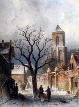 村の雪景色の風景 Charles Leickert Oil Paintings